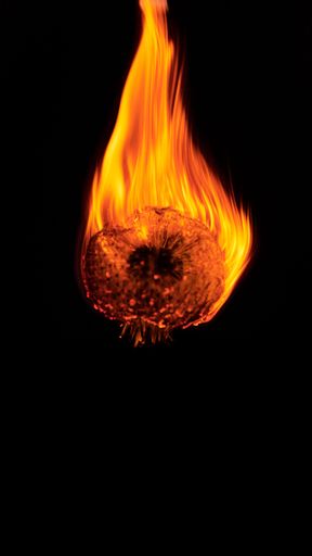 A vertical closeup of a dandelion in fire on a black background