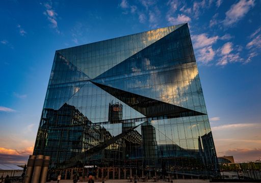 Berlin Cube, modern office building in Berlin near Central Station at sunset