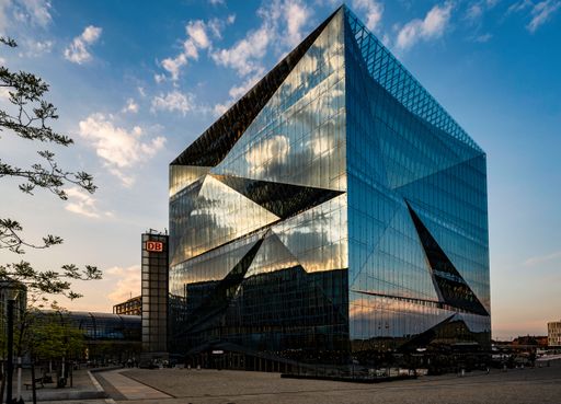 Berlin Cube, modern office building in Berlin near Central Station at sunset
