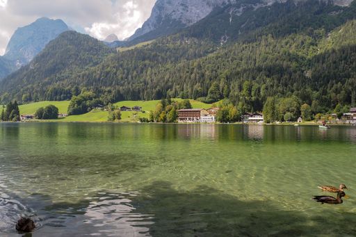 beautiful scenery at lake Hintersee against bavarian alps with Berchtesgaden national park and Reither Alpe mountains
