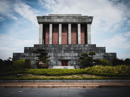A beautiful shot of the design of Ho Chi Minh Mausoleum under a cloudy sky
