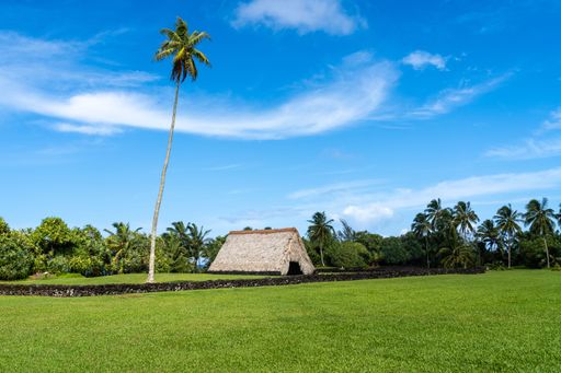A Hawaiian Canoe House and volcanic rock wall, with green manicured lawn and coconut palms, at Kahanu Garden, Hana, the island of Maui, Hawaii.