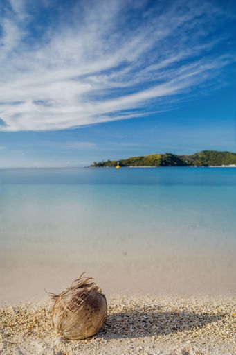 A vertical shot of a coconut on the beach against the background of island and sky. Bon Beach.