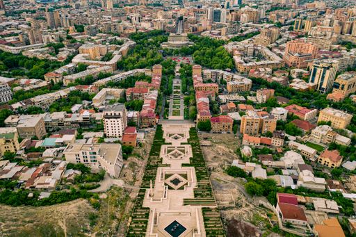 An aerial view of the city of Yerevan in Armenia in cloudy sky background