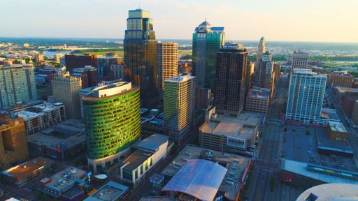 An aerial view of Kansas City at warm sunrise in Missouri