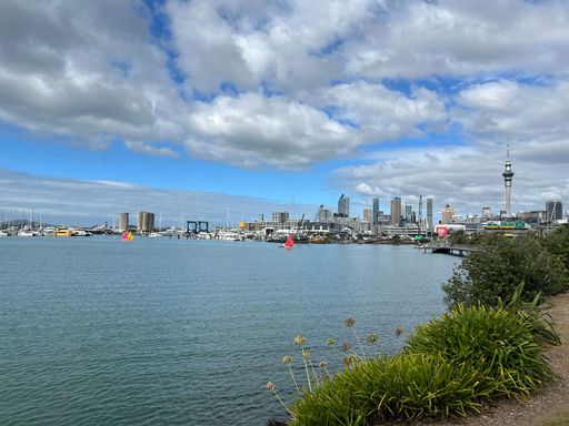 A view of Auckland from St Marys Bay Beach, New Zealand under a bright cloudy sky
