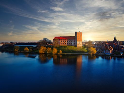 A 4K drone shot of the Danish Castle. Kolding, Denmark