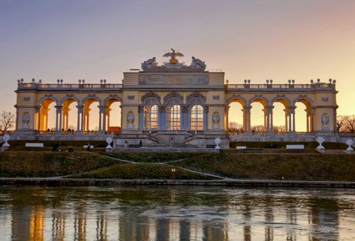 A beautiful shot of the historic Schonbrunn Gloriette monument at sunset in Vienna, Austria