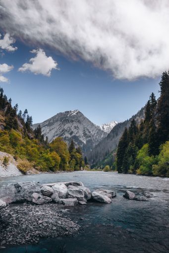 A vertical shot of a river flowing in between hills with green forests towards high mountains
