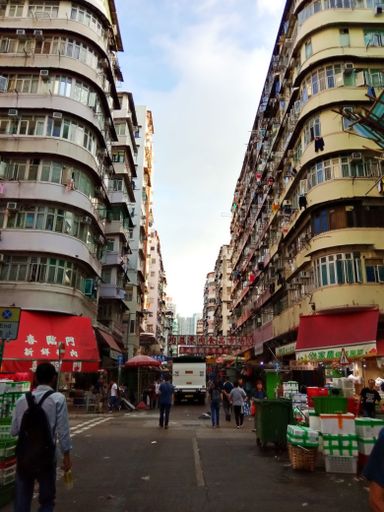 A vertical shot of the Sham Shui Po street. Hong Kong, China.