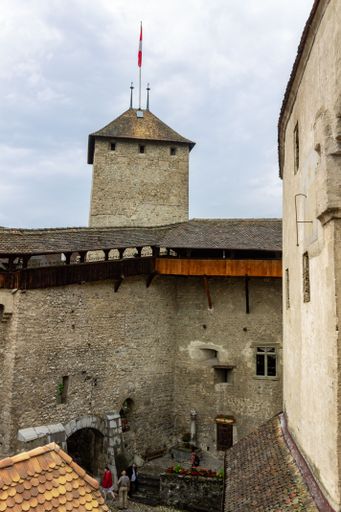 A vertical shot of the Chillon Castle island on Lake Genevain Veytaux, Switzerland.