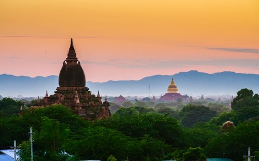 A scenic view of Buddhist monuments in Mrauk-U in northern Rakhine State, Myanmar at sunset