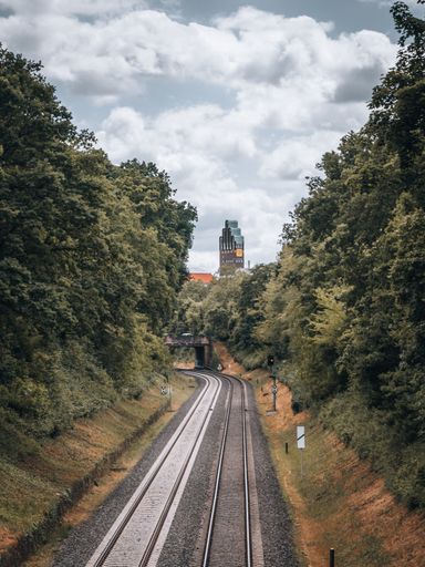 A beautiful vertical shot of a railroad surrounded by forest