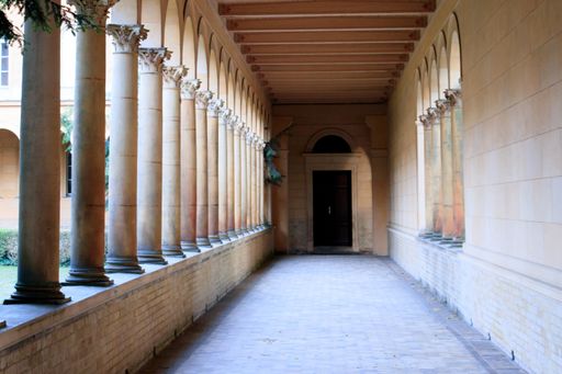 An old hallway in an abandoned building with a mysterious dark brown door at the end