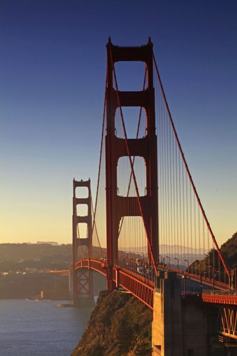 A beautiful shot of the blue sky over Golden Gate Bridge and river in San Francisco, California