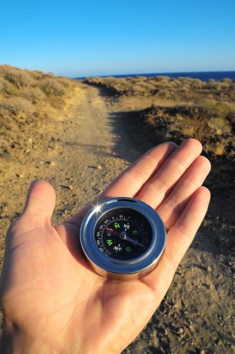 Orientation Concept a Male Hand Holding a Metal Compass