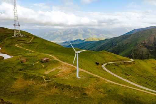 A drone view of wind turbines in the mountains of Lori province in Armenia