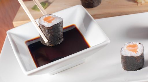 A close up shot of delicious sushi on a white plate served with soy sauce