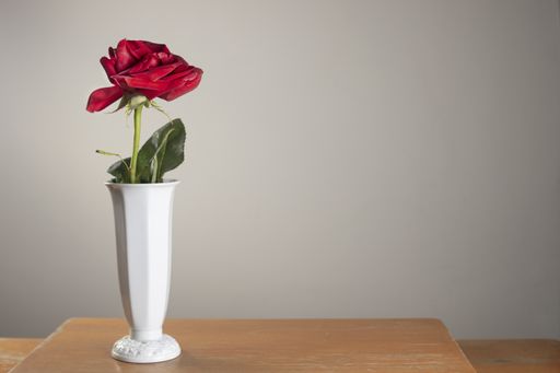 A red rose in a white small vase on the tale