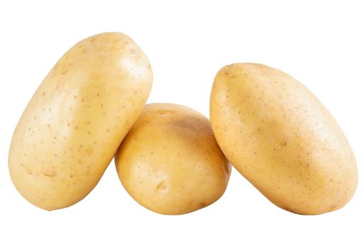 A closeup shot of fresh ripe yukon gold potatoes isolated on white background