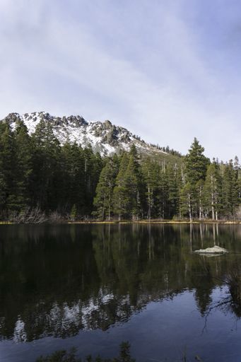 A vertical shot of the water reflecting the trees and the mountain under a blue sky