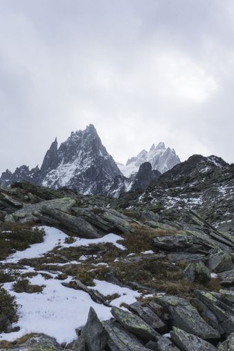 A vertical shot of snowy mountains with a cloudy sky in the background