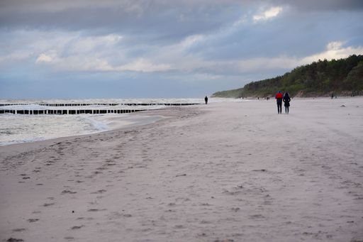 The people walking on a sandy beach on a cloudy day