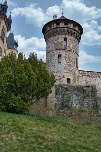 A vertical low angle of the Castle Tower of Wernigerode in Munchausen Germany