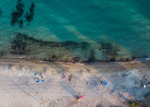 A beautiful aerial top-view of the sea coast with colorful umbrellas during vacation