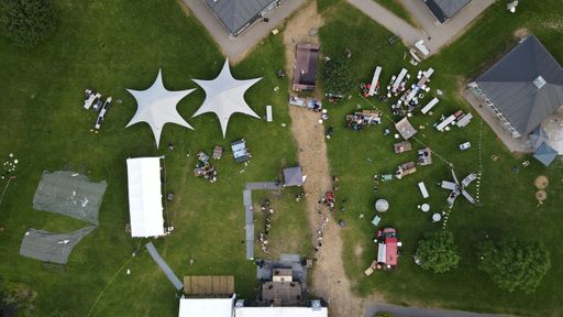 A view of a picnic or festival venue from the air