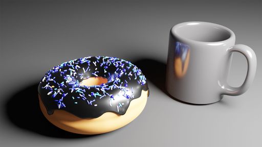 A closeup shot of a cup and donuts with a little shadow on a gray background