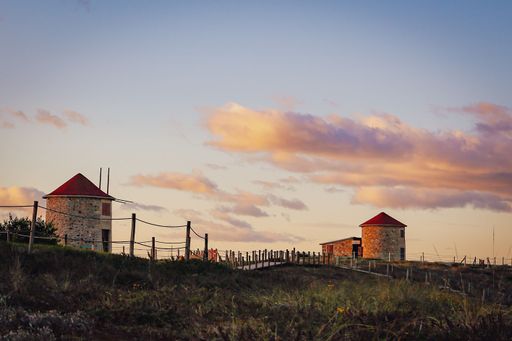 A beautiful shot of a green field with windmill towers and small rural house under a cloudy sky