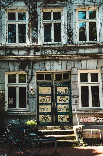 A vertical shot of the old building facade in Hamburg, Germany.