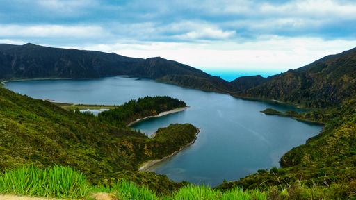 A mesmerizing aerial view of Fogo lake in Sao Miguel Island, Azores, Portugal