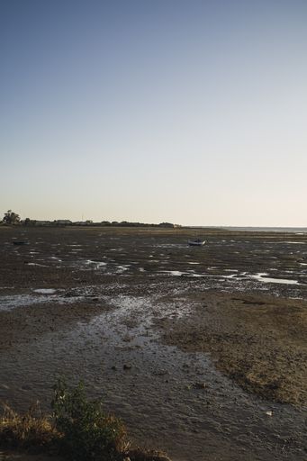 A vertical shot of a dried out lake with boats stuck in the dry land and small ponds of water