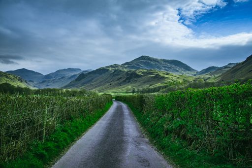 A scenic view of a pathway surrounded by green fields against mountains on a cloudy day
