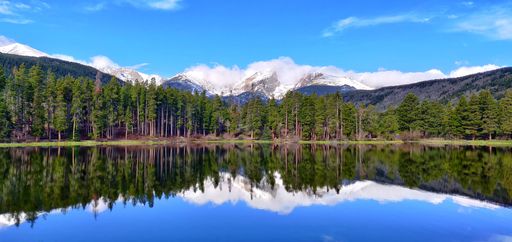 A beautiful view of a reflective Sprague Lake in Rocky Mountain National Park