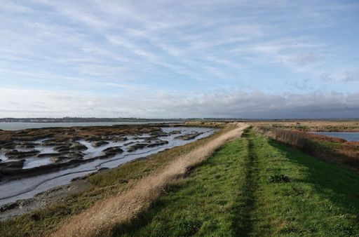 A footpath by the river under a cloudy sky at Old Hall Marshes, Essex, UK