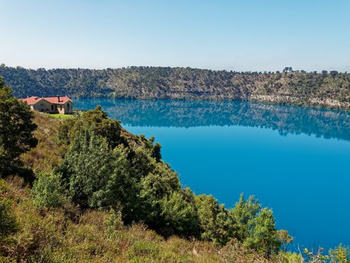 The  Blue Lake Volcano in full colour Turquoise between December and February each year then changes back to a normal lake water scene,  Mount Gambier