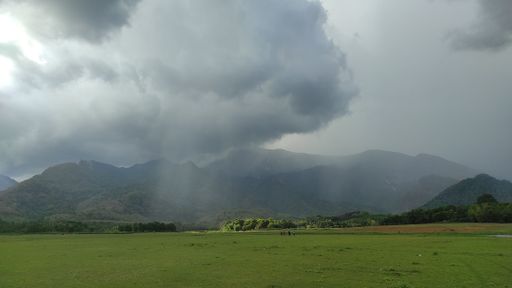 A scenic view of a green field with rocky mountains in the background in cloudy weather