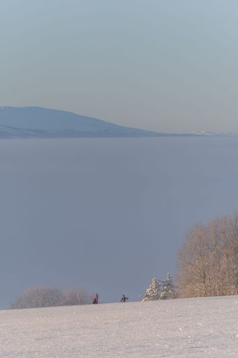 A vertical shot of a snowy landscape with lake in the background in Sweden