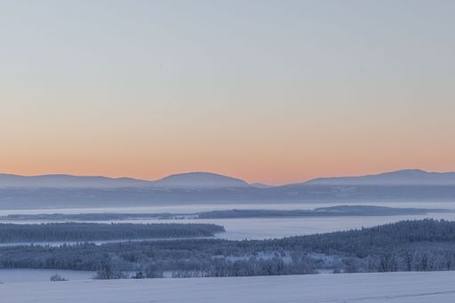 A tranquil scenery of a landscape with forest covered in snow during sunset in Sweden