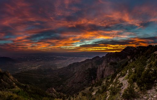 A breathtaking sunset view over Albuquerque, New Mexico from the Sandia Peak Tramway