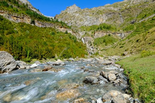 A river rushing through the hanging valley of La Larri in the National Park of Ordesa Monte Perdido