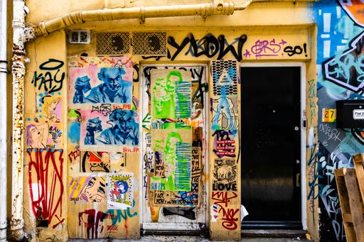 A closeup of graffiti on a wall in Trafalgar Lane, Brighton, England