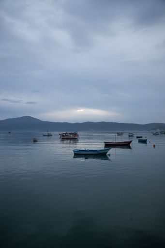 A vertical shot of empty boats anchored in the sea near the shore