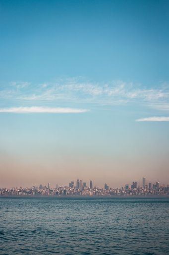 Vertical panoramic view on Istanbul city through the sea of Marmara from the distance.