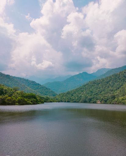 A beautiful scenery with a river flowing through lush green hillside forests on a cloudy sky background