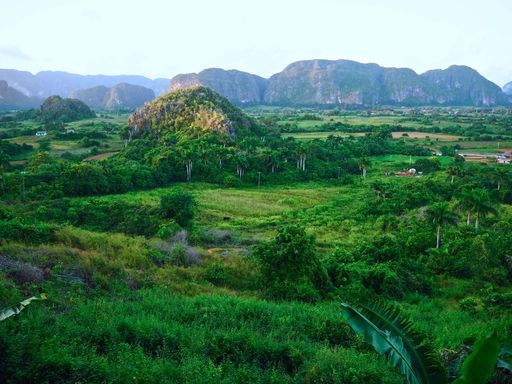 An aerial view of the green Vinales Valley in the Pinar del Rio Region of Cuba