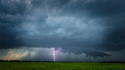 A beautiful shot of purple lightning striking on a field